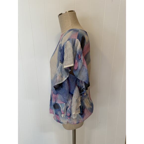 Zac & Rachel Blouse Womens Large Ruffle Sleeve Watercolor Top Lightweight Flowy - Picture 8 of 9